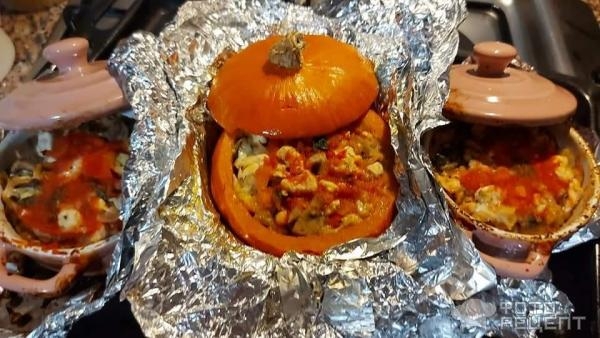 Рецепт: Фаршированная тыква - С курино-грибной начинкой. Рецепт: Фаршированная тыква - С курино-грибной начинкой.